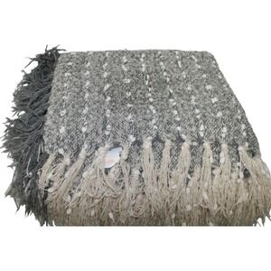 Shabby Chic Gray & White Throw Blanket Fringe Tassels 54x64 Boho Cozy Luxe
